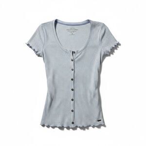 Hollister Ribbed Scoop Neck Striped Lettuce Hem Top in Navy/Ivory Size S